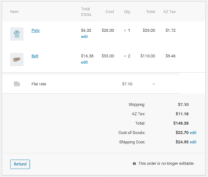 Displays order items from WC Admin area, showing no order item meta hidden fields